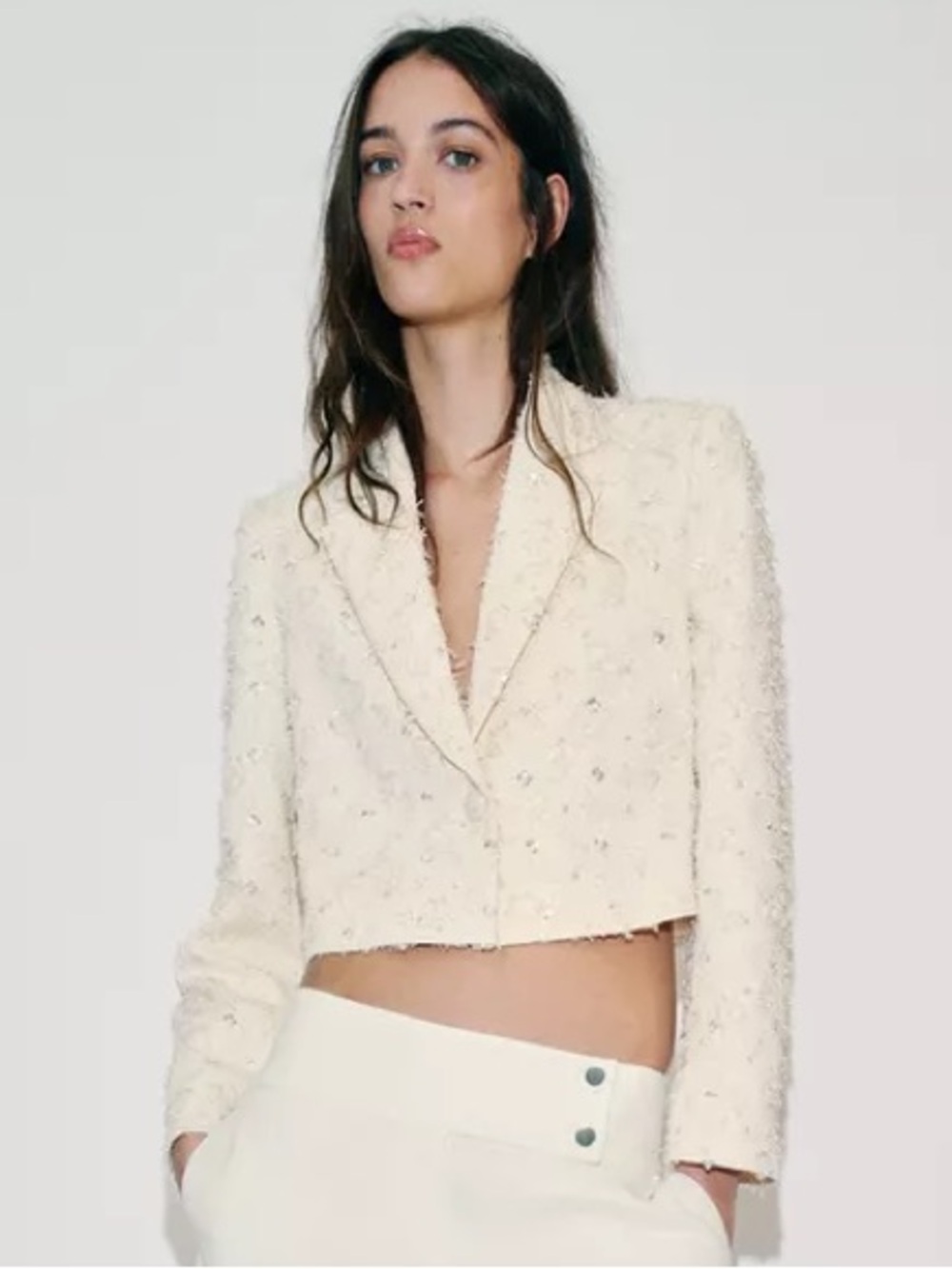 NWT Zara Woman Sequins Pearls EMBELLISHED FRINGED CROPPED BLAZER Size S Small